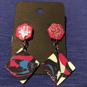 Pink, Blue, and White Marbled Acrylic Dangle Earrings